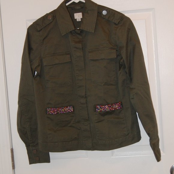 A New Day Women's Army Green Jacket W/ Decorative Beaded Pockets Size Small - Picture 5 of 15
